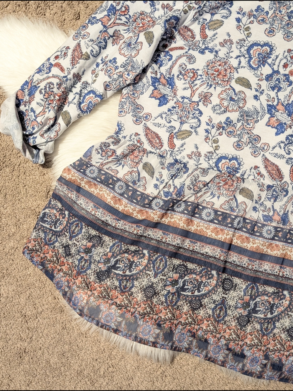 Boho Floral 3/4 Sleeve Top with Blue and Rust Size 1X - Picture 9 of 15
